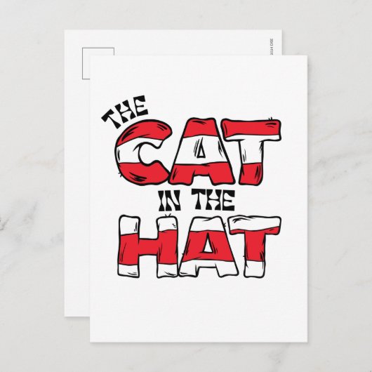帽子の中の猫 | レッド&ホワイトストライプの文字 ポストカード (正面/裏面)