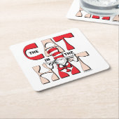 帽子の中の猫 | 帽子間抜けをかぶった猫 スクエアペーパーコースター (アングル)