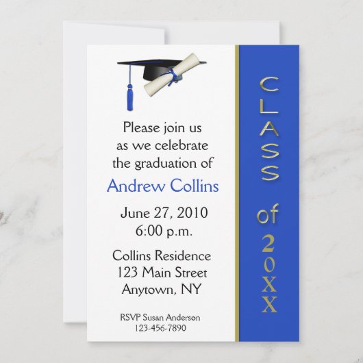 帽子の免状の青い金ゴールドの卒業の招待状 招待状 (正面)