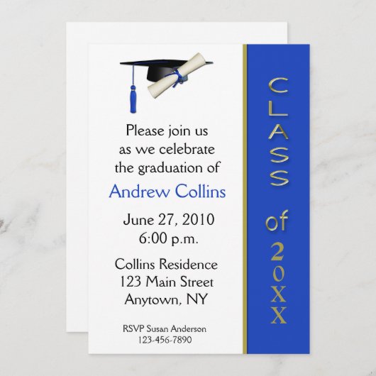 帽子の免状の青い金ゴールドの卒業の招待状 招待状 (正面/裏面)