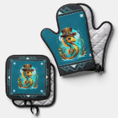 帽子の可愛いスチームパンクスタイリッシュの乗馬。 鍋つかみ&鍋敷きセット (正面/裏面)