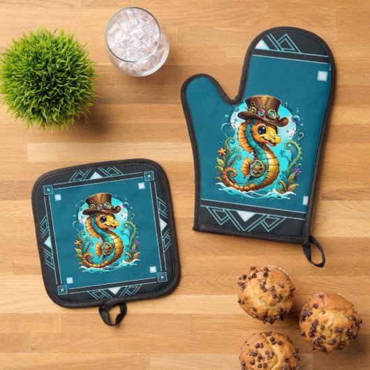 帽子の可愛いスチームパンクスタイリッシュの乗馬。 鍋つかみ&鍋敷きセット (トップダウン)