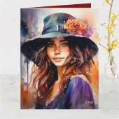 帽子の女：恵みのポートレート鮮やか カード (黄色い花)