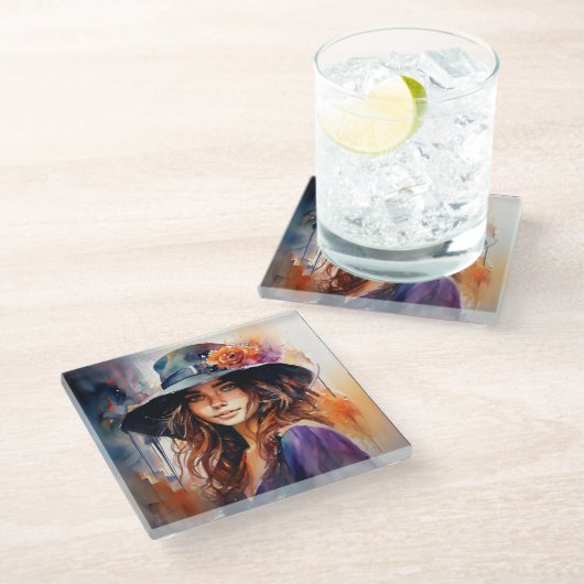 帽子の女：恵みのポートレート鮮やか ガラスコースター (アングル)