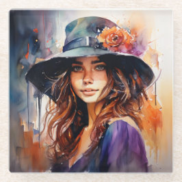 帽子の女：恵みのポートレート鮮やか ガラスコースター