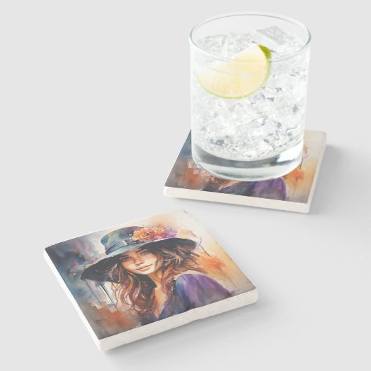 帽子の女：恵みのポートレート鮮やか ストーンコースター (横)
