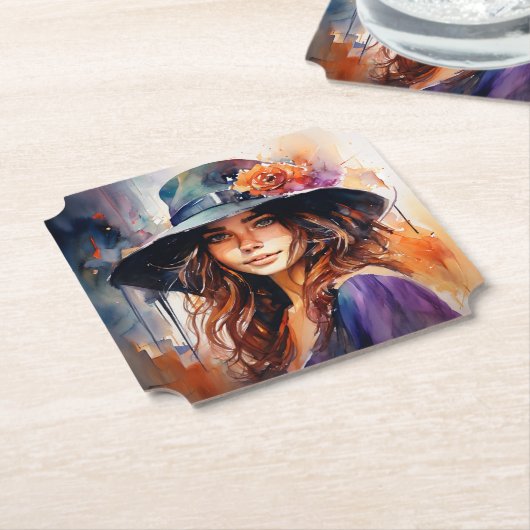 帽子の女：恵みのポートレート鮮やか ペーパーコースター (アングル)