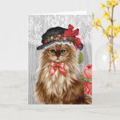 帽子の挨拶状のビクトリアンな猫 カード (黄色い花)