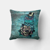 帽子の枕を持つティール(緑がかった色)の入れ墨のスタイルの砂糖のスカルのフクロウ クッション (裏面)