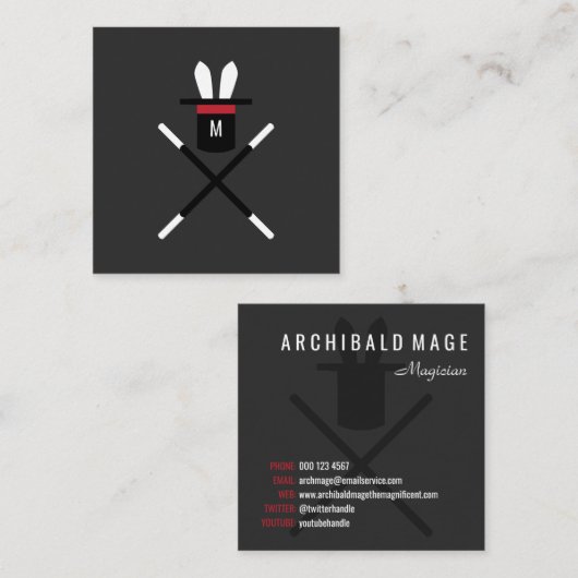 帽子の濃い灰色と赤のモノグラムマジシャンのウサギ スクエア名刺 (正面/裏面)