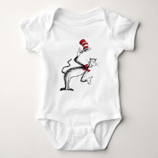 帽子の猫がお辞儀をする ベビーボディスーツ (正面)