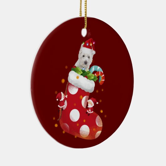 帽子の靴下のクリスマスとウェスティー セラミックオーナメント (右)