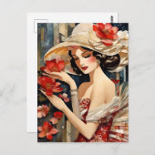 帽子はがきファンシー付き女性 ポストカード (正面/裏面)