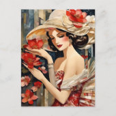 帽子はがきファンシー付き女性 ポストカード (正面)