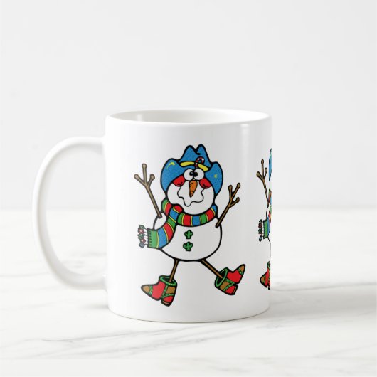 帽子をかぶったウェスタンクリスマスの雪だるま コーヒーマグカップ (左)