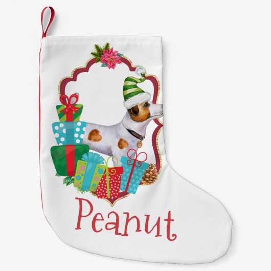 帽子をかぶったジャック・ラッセル・クリスマス・リース  スモールクリスマスストッキング (正面)