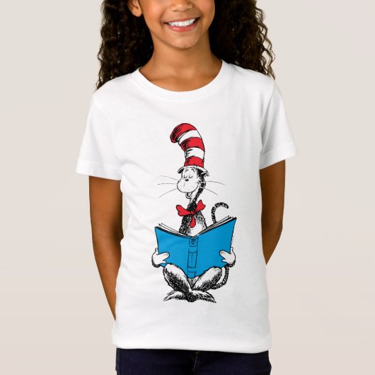 帽子をかぶったネコの読書 Tシャツ (正面)