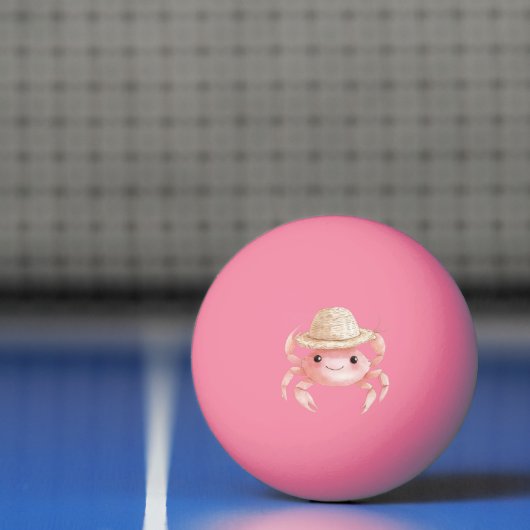 帽子をかぶったビーチのかわいいピンクの笑顔のカニ 卓球ボール (ネット)