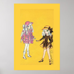 帽子をかぶった可愛いファッションの女の子たち2人 ポスター