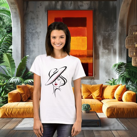 帽子をかぶった女性の線画 デザイン Tシャツ