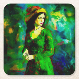 帽子をかぶった女性 スクエアペーパーコースター