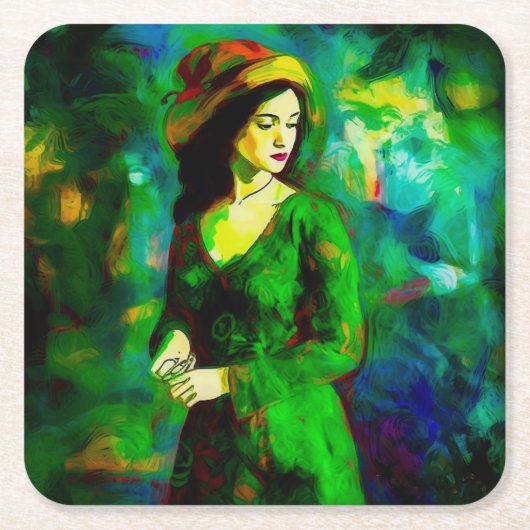 帽子をかぶった女性 スクエアペーパーコースター (正面)