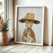 帽子をかぶった子牛の遊び心あふれる農場動物の絵画 , ポスター