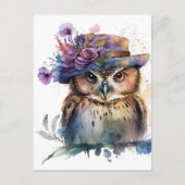 帽子をかぶった愛らしい水色フクロウ ポストカード (正面)