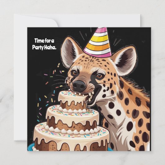 帽子をかぶった斑点ハイエナがケーキをかじっている 招待状 (正面)