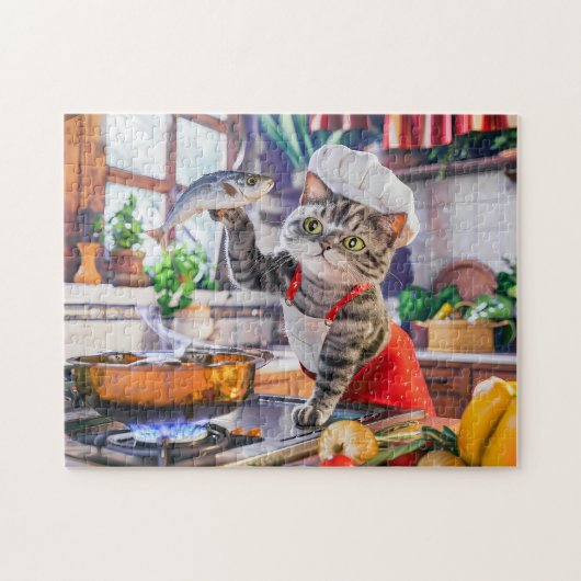 帽子をかぶった猫が野菜と魚を料理している ジグソーパズル (横)