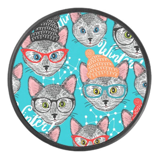 帽子をかぶった猫 アイスホッケーパック (正面)