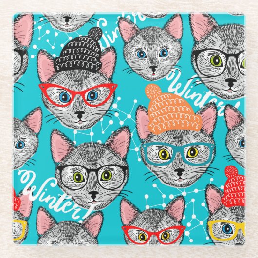 帽子をかぶった猫 ガラスコースター (正面)