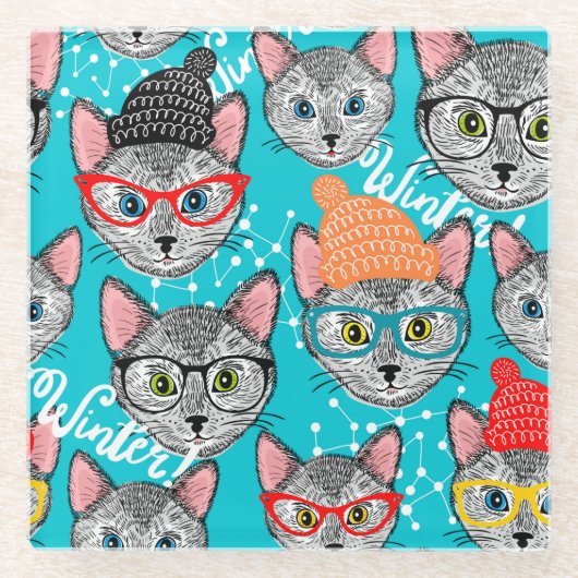 帽子をかぶった猫 ガラスコースター (正面)