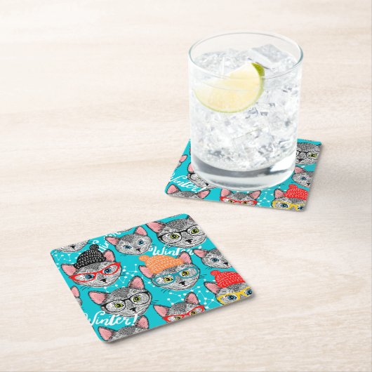 帽子をかぶった猫 スクエアペーパーコースター (インサイチュ)