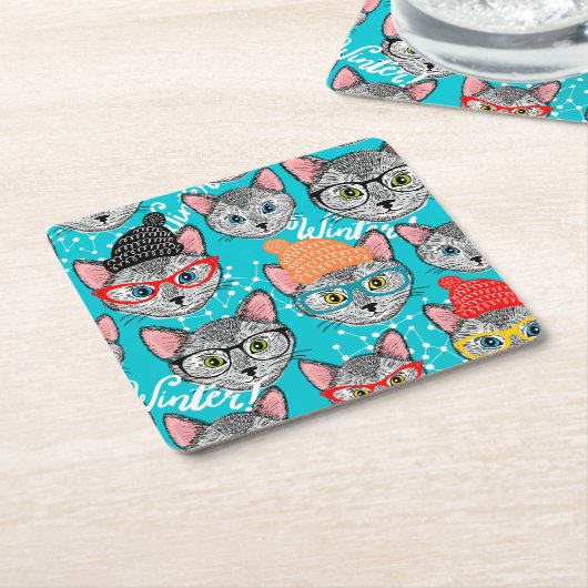 帽子をかぶった猫 スクエアペーパーコースター (アングル)