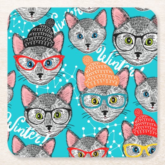 帽子をかぶった猫 スクエアペーパーコースター (正面)