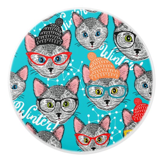 帽子をかぶった猫 セラミックノブ (正面)