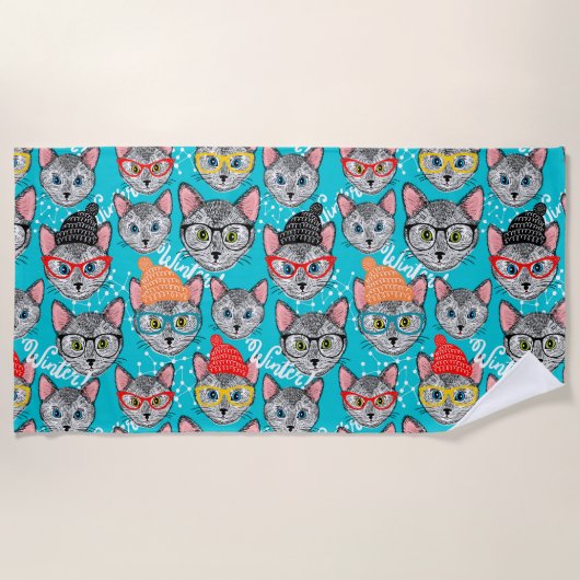 帽子をかぶった猫 ビーチタオル (正面)