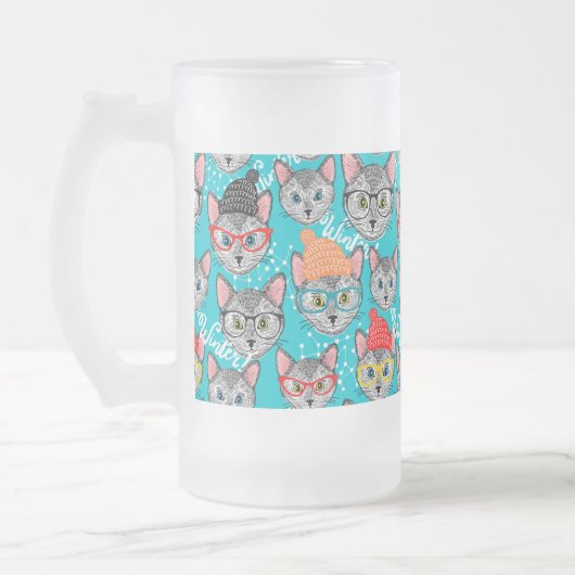 帽子をかぶった猫 フロストグラスビールジョッキ (左)