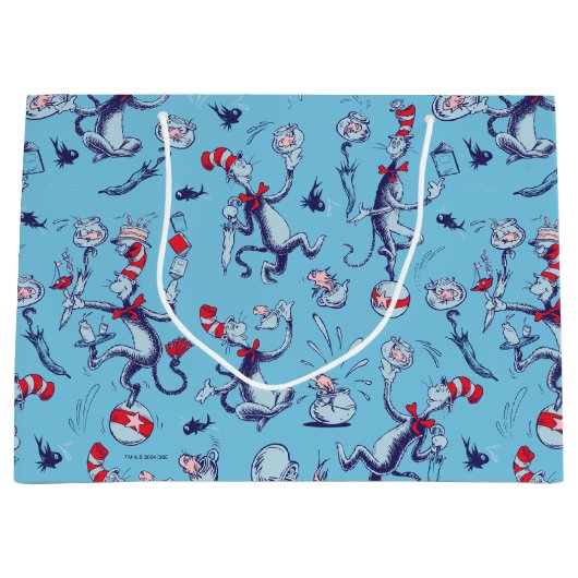 帽子をかぶった猫 | 青のパターン ラージペーパーバッグ (正面)