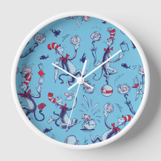 帽子をかぶった猫 | 青のパターン 壁時計 (正面)