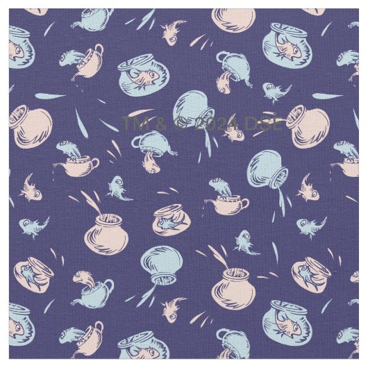 帽子をかぶった猫 | 魚パターン ファブリック (クローズアップ)