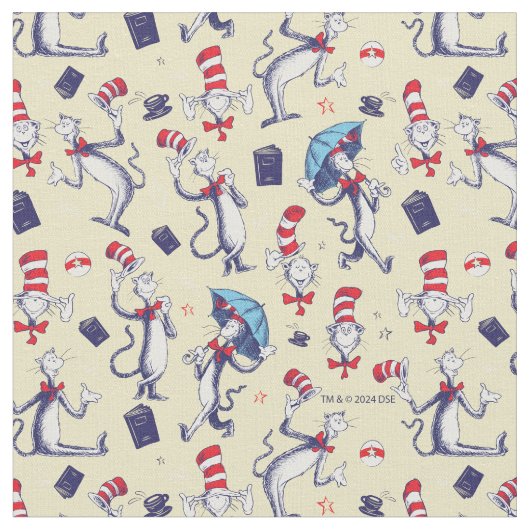 帽子をかぶった猫 | 黄色のパターン ファブリック (クローズアップ)