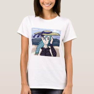 帽子をかぶった若い女の子のビーチグラフィックTシャツ Tシャツ