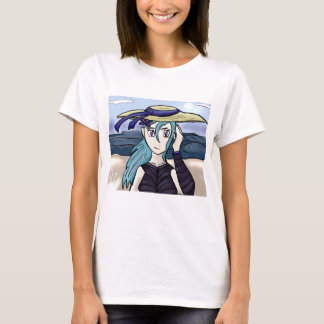 帽子をかぶった若い女の子のビーチグラフィックTシャツ Tシャツ