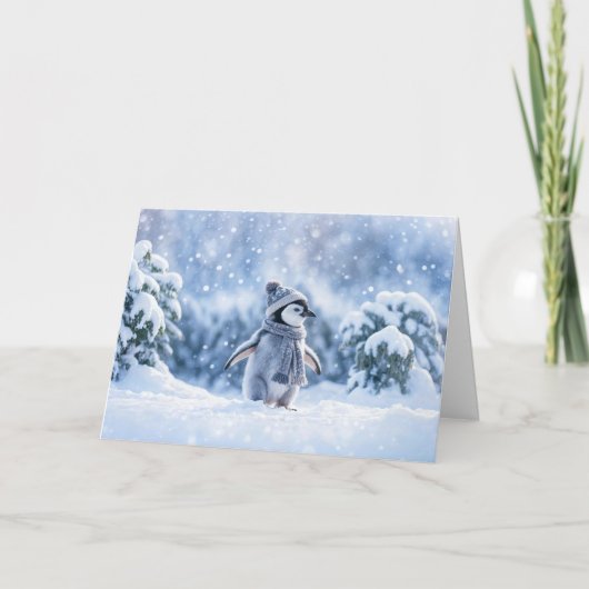 帽子をかぶった雪の中のペンギンのクリスマス カード (正面)