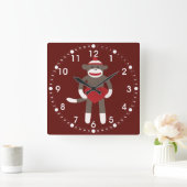 帽子を持ったかわいい靴下モンキーハート スクエア壁時計 (ホーム)