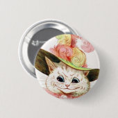 帽子を持つ微笑の白い猫 缶バッジ (正面&裏面)
