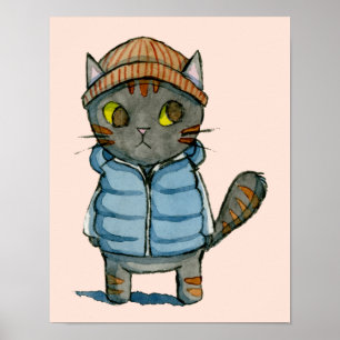 帽子を持つ猫は水彩画を与え、 ポスター