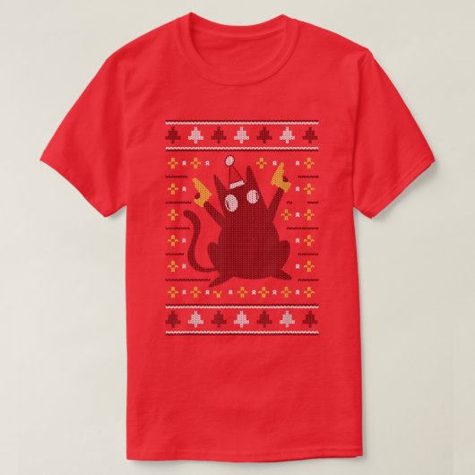 帽子を被ったユーモラスな猫のクリスマススウェーター M, Tシャツ (デザイン正面)
